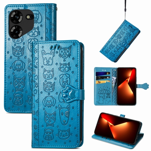 

For Tecno Pova 5 4G Cat and Dog Embossed Leather Phone Case(Blue)