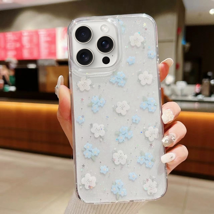 

For iPhone 15 Pro Spring Garden Epoxy TPU Phone Case(F06 Blue and White Flowers)