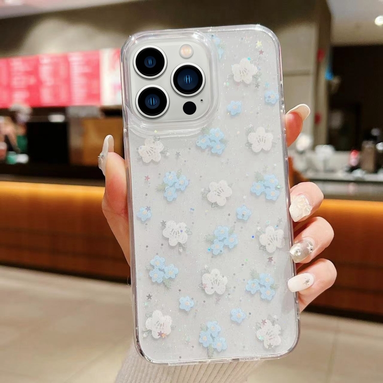 

For iPhone 13 Pro Max Spring Garden Epoxy TPU Phone Case(F06 Blue and White Flowers)