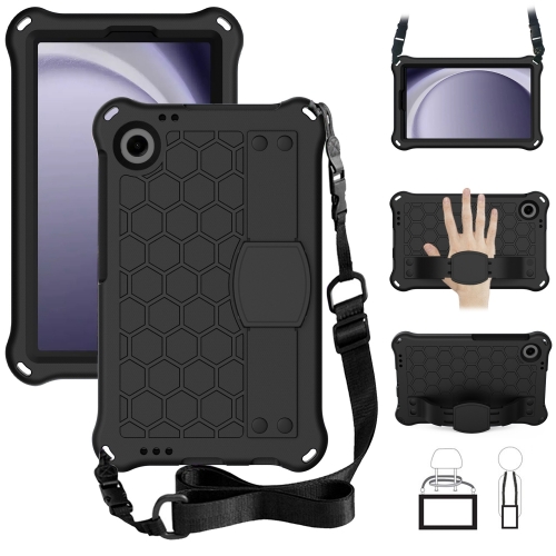 

For Samsung Galaxy Tab A9 8.7 X110/X115 Honeycomb EVA Hybrid PC Tablet Case with Strap(Black+Black)