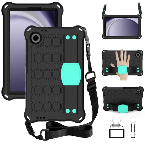 

For Samsung Galaxy Tab A9 8.7 X110/X115 Honeycomb EVA Hybrid PC Tablet Case with Strap(Black+Aqua)