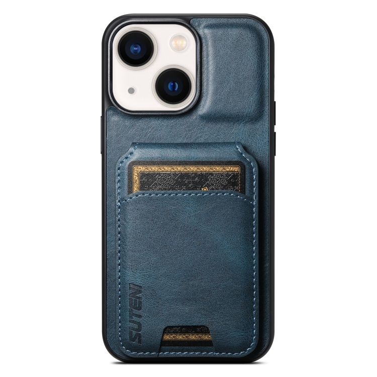 

For iPhone 14 Suteni H02 Leather Wallet Stand Back Phone Case(Blue)