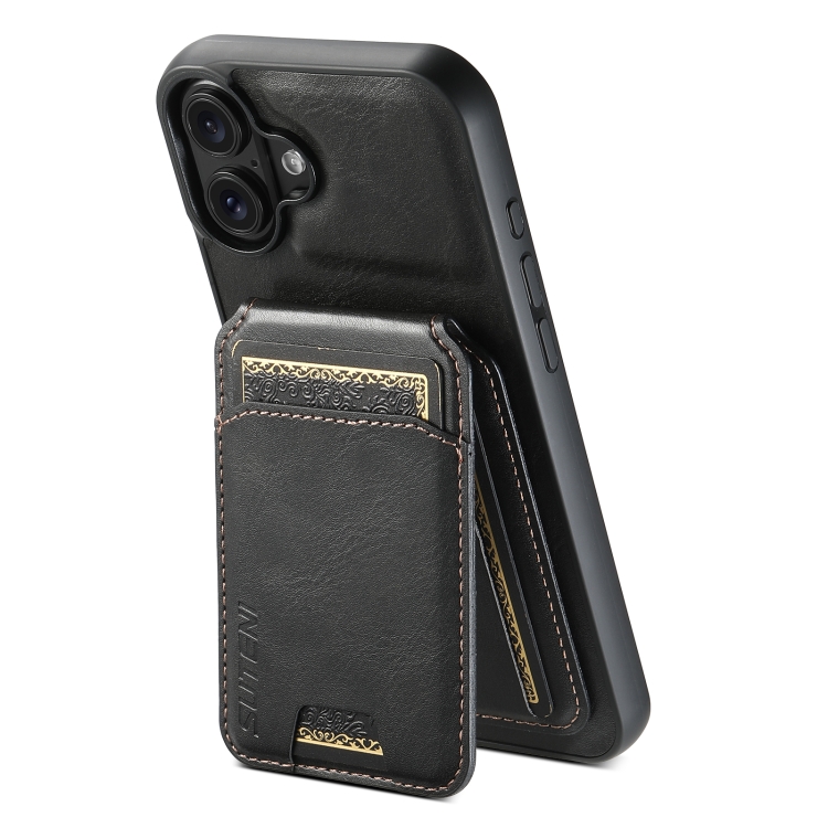 

For iPhone 16 Plus Suteni H02 Leather Wallet Stand Back Phone Case(Black)
