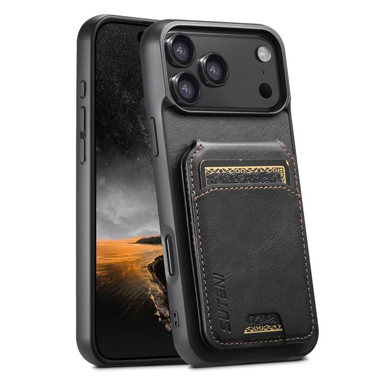 

For iPhone 17 Pro Max Suteni H02 Leather Wallet Stand Back Phone Case(Black)