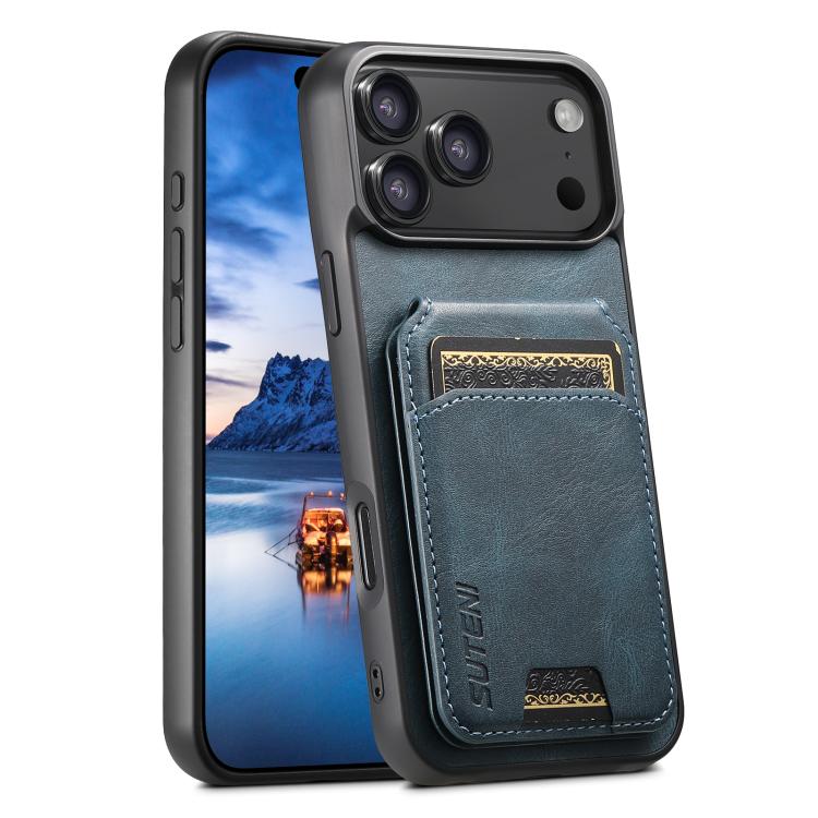 For iPhone 17 Pro Max Suteni H02 Leather Wallet Stand Back Phone Case(Blue)