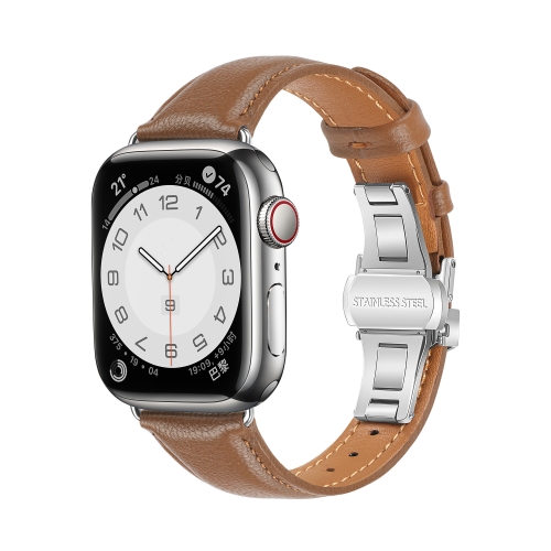 For Apple Watch SE 2023 44mm Plain Leather Butterfly Buckle Watch Band(Dark Brown+Silver) 2020 luxury brand rose gold mens watch automatic mechanical hollow watch brown leather strap butterfly clasp wristwatch a209