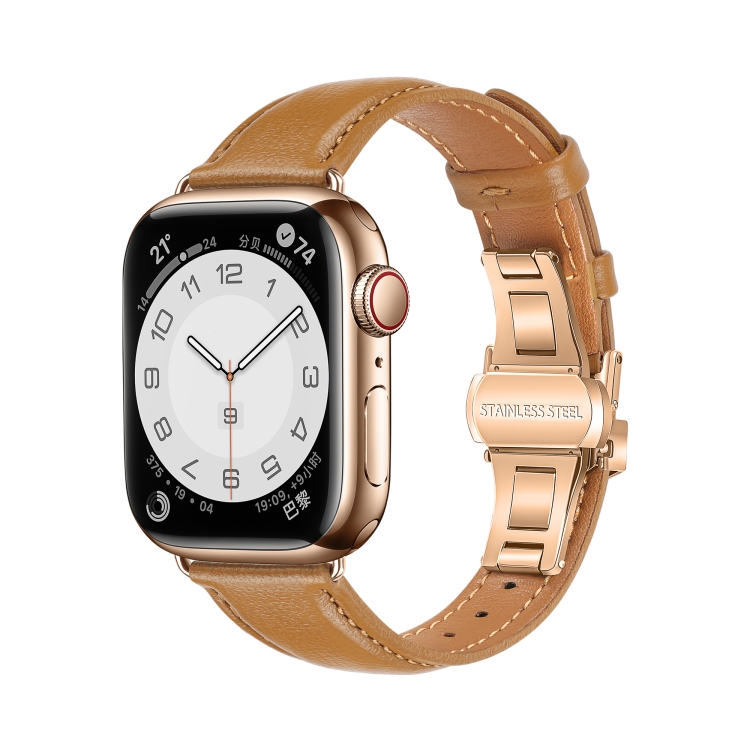 

For Apple Watch Series 3 42mm Plain Leather Butterfly Buckle Watch Band(Brown+Rose Gold)