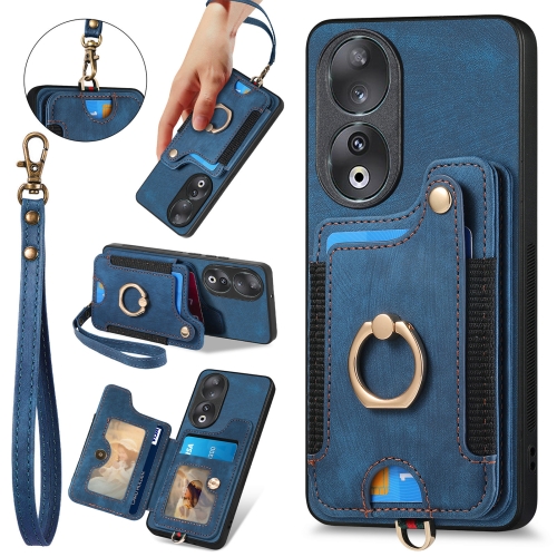 

For Honor 90 Retro Skin-feel Ring Multi-card RFID Wallet Phone Case(Blue)