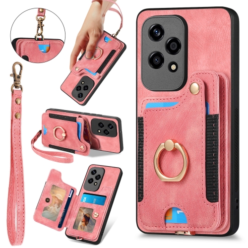 

For Honor 200 Lite Global Retro Skin-feel Ring Multi-card RFID Wallet Phone Case(Pink)