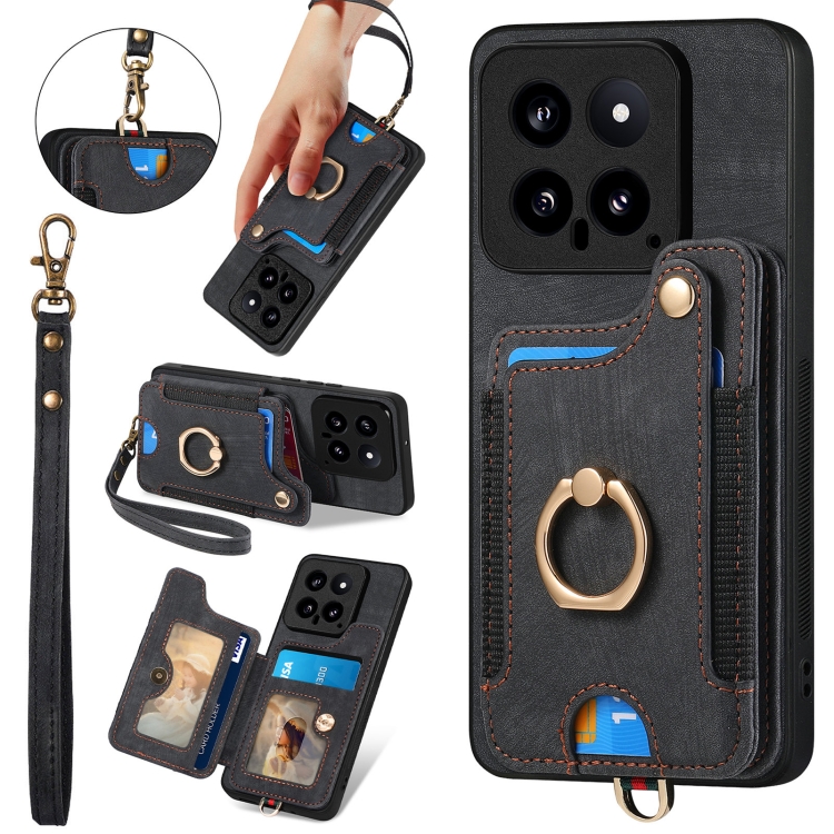 

For Xiaomi 14 Retro Skin-feel Ring Multi-card RFID Wallet Phone Case(Black)