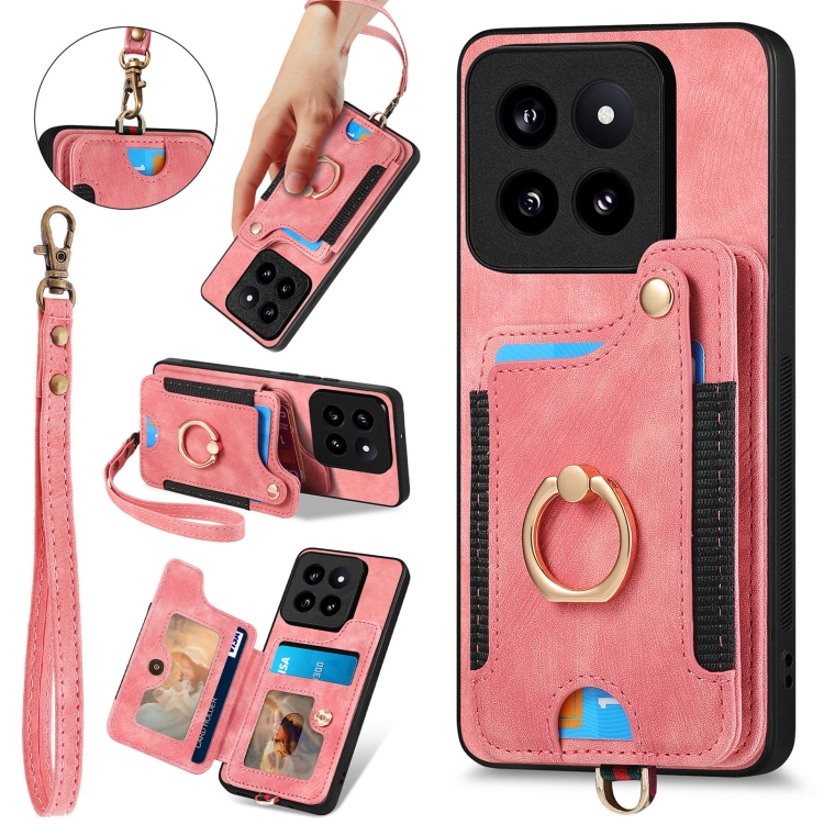 

For Xiaomi 14 Pro Retro Skin-feel Ring Multi-card RFID Wallet Phone Case(Pink)