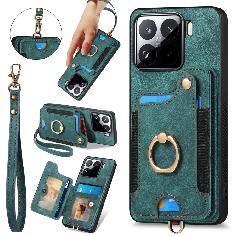 

For Xiaomi 15 Pro Retro Skin-feel Ring Multi-card RFID Wallet Phone Case(Green)
