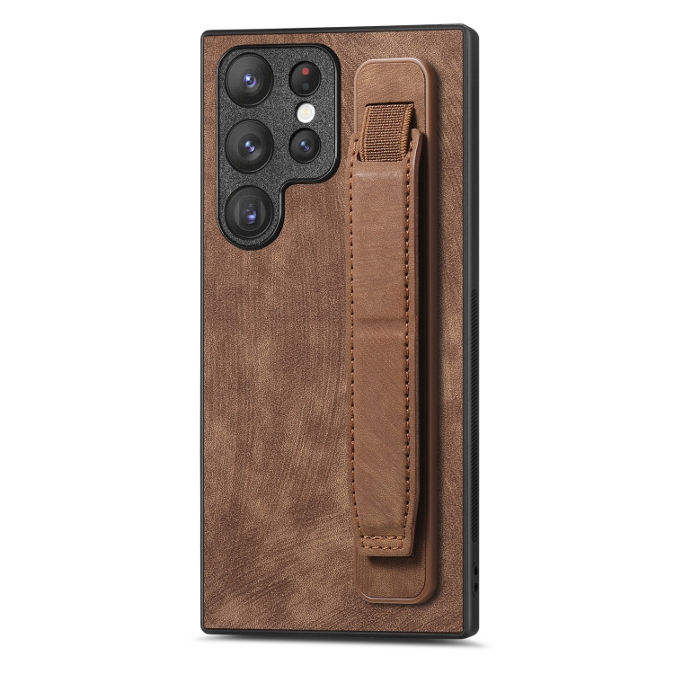 

For Samsung Galaxy S22 Ultra 5G Retro Wristband Holder Leather Back Phone Case(Brown)