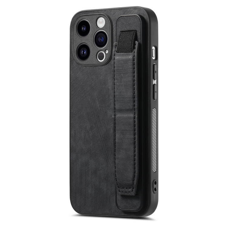 

For iPhone 15 Pro Retro Wristband Holder Leather Back Phone Case(Black)