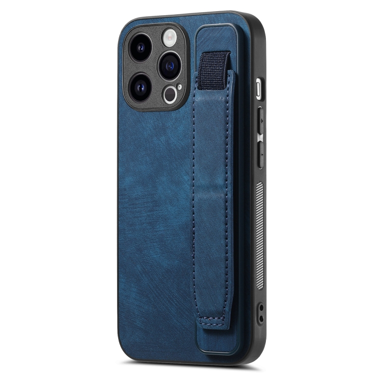 

For iPhone 15 Retro Wristband Holder Leather Back Phone Case(Blue)