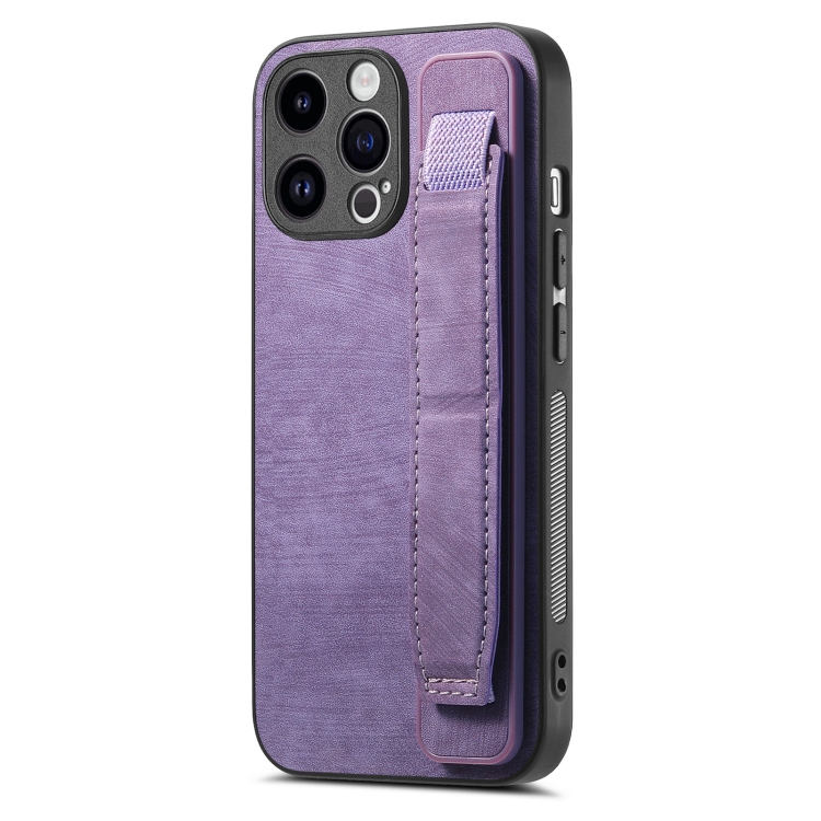 

For iPhone 15 Retro Wristband Holder Leather Back Phone Case(Purple)