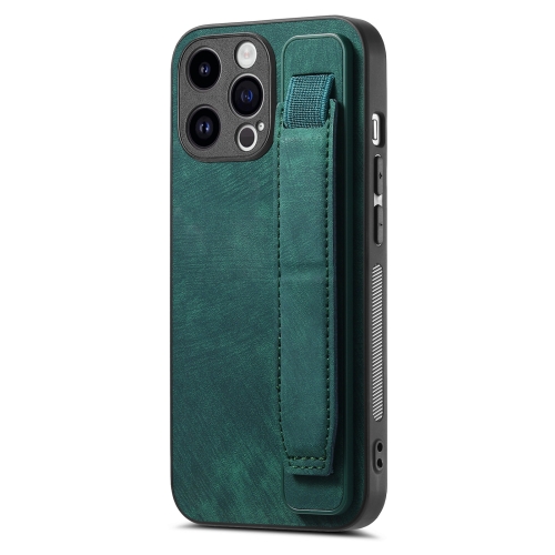 

For iPhone 15 Retro Wristband Holder Leather Back Phone Case(Green)