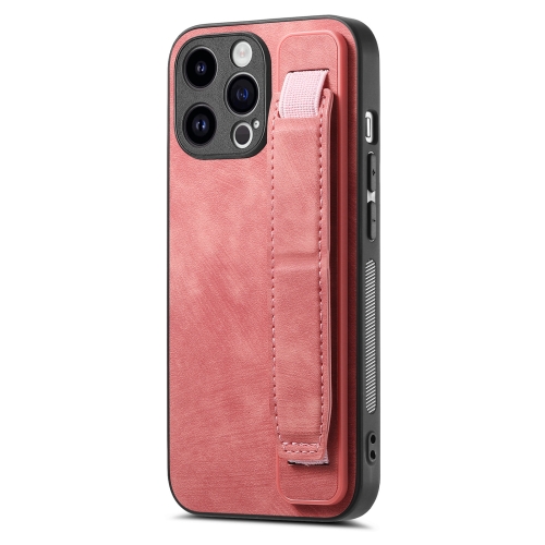 

For iPhone 15 Retro Wristband Holder Leather Back Phone Case(Pink)