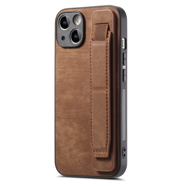 

For iPhone 14 Plus Retro Wristband Holder Leather Back Phone Case(Brown)