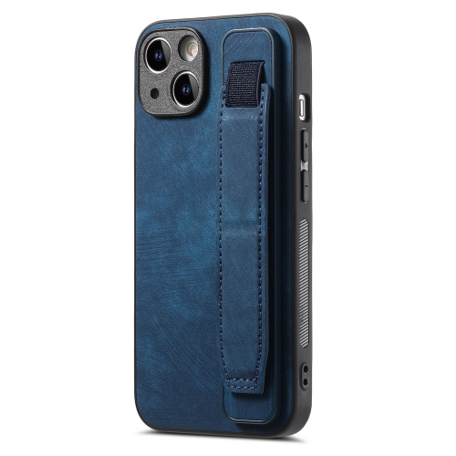 

For iPhone 14 Plus Retro Wristband Holder Leather Back Phone Case(Blue)