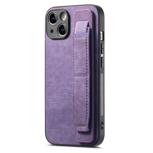 

For iPhone 14 Plus Retro Wristband Holder Leather Back Phone Case(Purple)