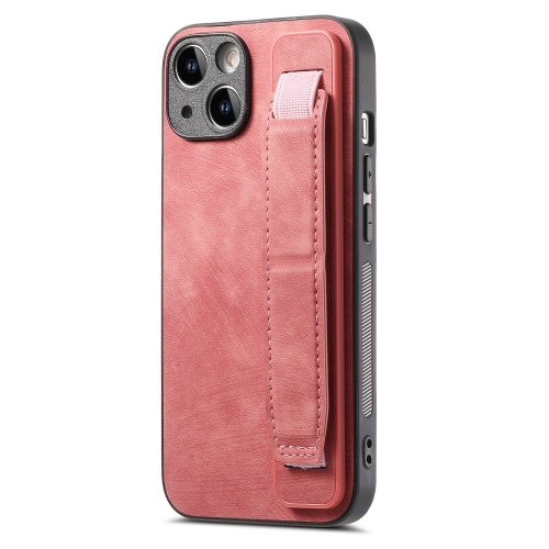 

For iPhone 14 Plus Retro Wristband Holder Leather Back Phone Case(Pink)