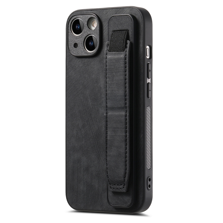 

For iPhone 14 Retro Wristband Holder Leather Back Phone Case(Black)