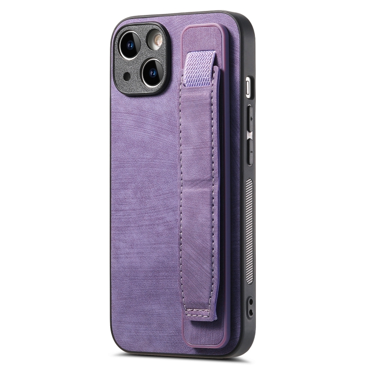 

For iPhone 14 Retro Wristband Holder Leather Back Phone Case(Purple)