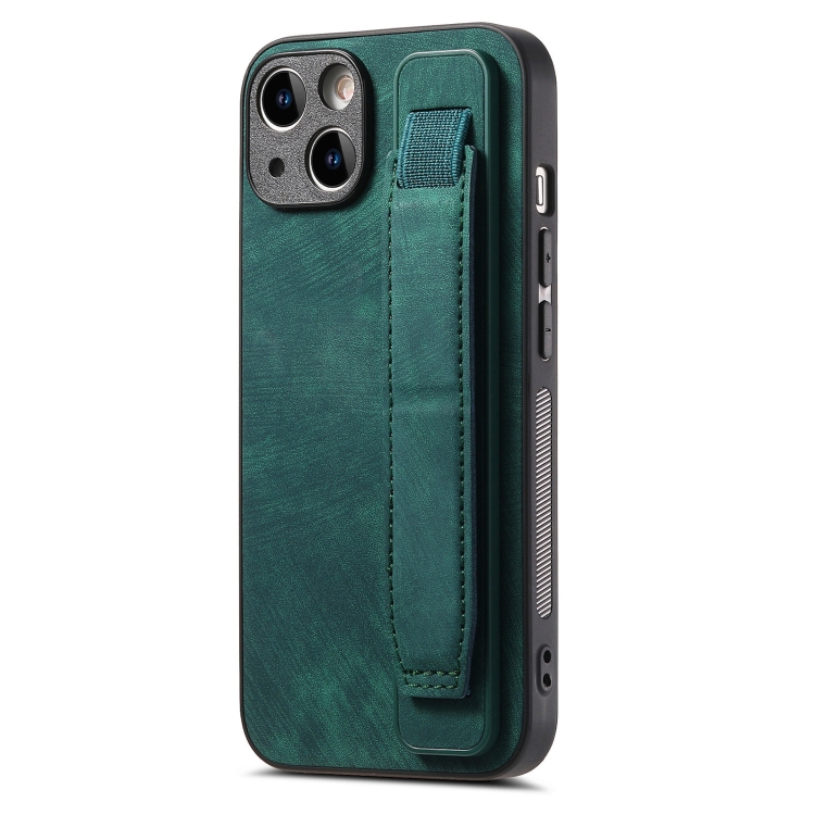 

For iPhone 14 Retro Wristband Holder Leather Back Phone Case(Green)