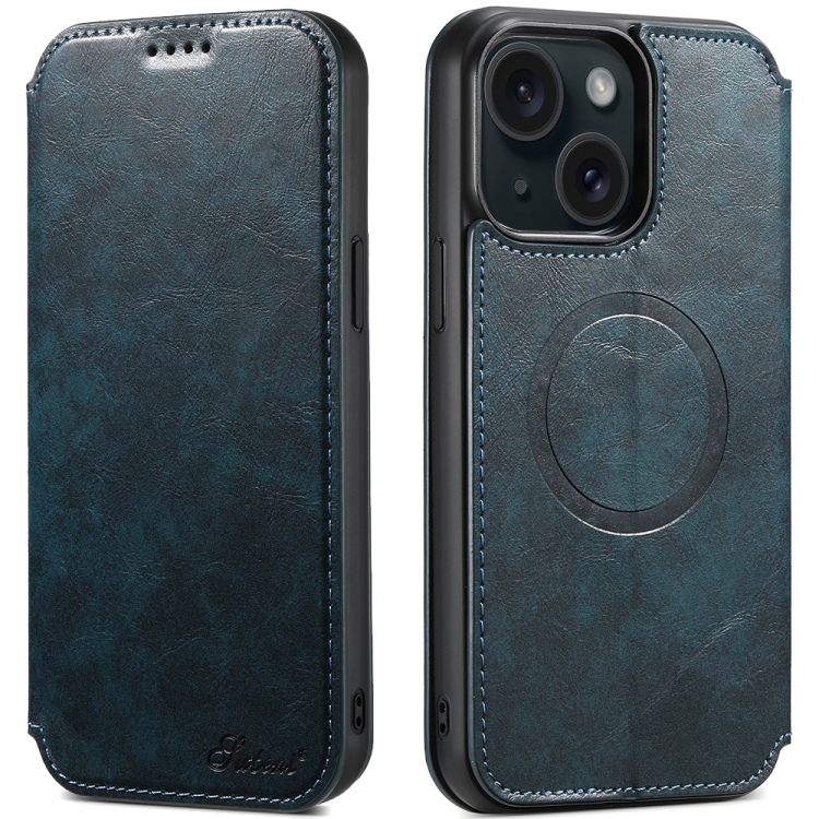 

For iPhone 15 Suteni J05 Leather Magnetic MagSafe Phone Case(Blue)