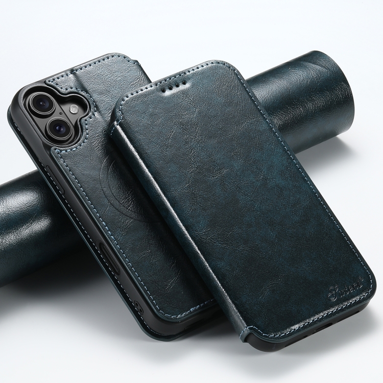 

For iPhone 16 Plus Suteni J05 Leather Magnetic MagSafe Phone Case(Blue)