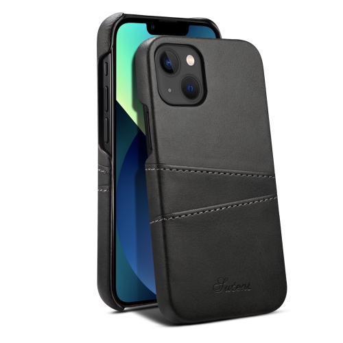 For iPhone 15 Plus Suteni Calf Texture Back Cover Phone Case with Card Slots(Black) f9 5 bluetooth 5 0 tws wireless binaural bluetooth earphone with charging box