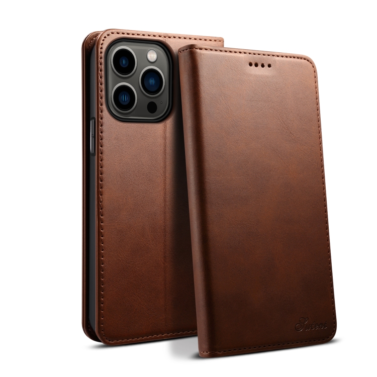 

For iPhone 15 Pro Max Suteni Calf Texture Horizontal Flip Leather Phone Case(Brown)