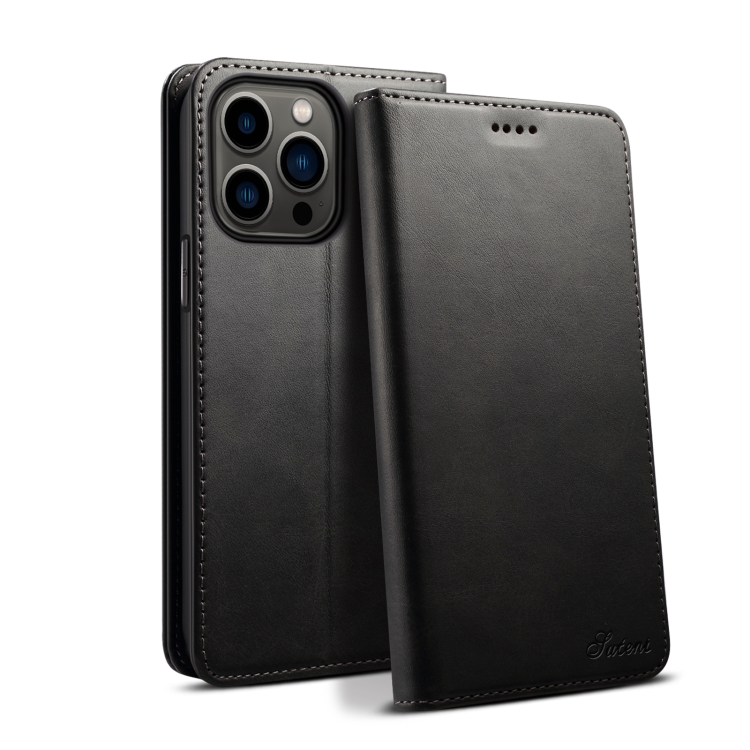 

For iPhone 15 Pro Suteni Calf Texture Horizontal Flip Leather Phone Case(Black)