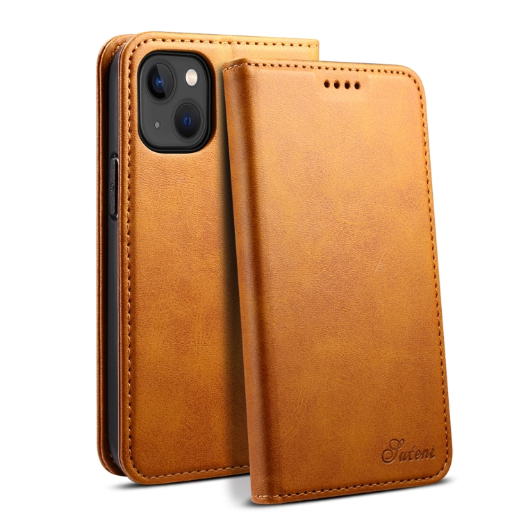 

For iPhone 15 Suteni Calf Texture Horizontal Flip Leather Phone Case(Khaki)