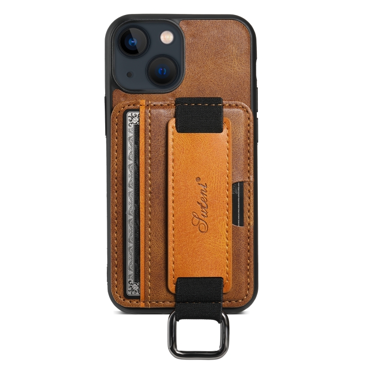 

For iPhone 15 Suteni H13 Card Wallet Wrist Strap Holder PU Phone Case(Brown)