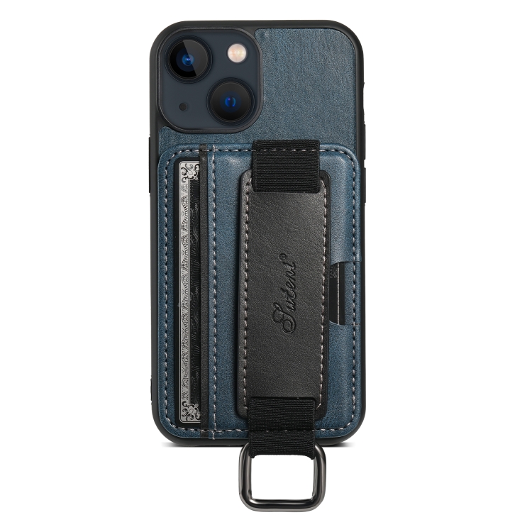 For iPhone 15 Suteni H13 Card Wallet Wrist Strap Holder PU Phone Case(Blue)