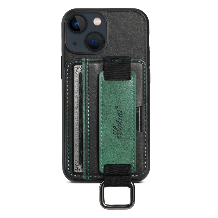For iPhone 15 Plus Suteni H13 Card Wallet Wrist Strap Holder PU Phone Case(Black)