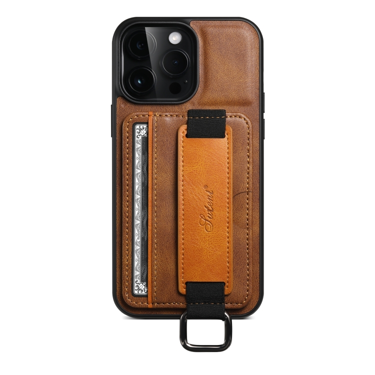 

For iPhone 15 Pro Max Suteni H13 Card Wallet Wrist Strap Holder PU Phone Case(Brown)
