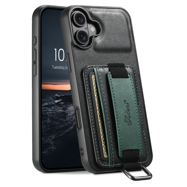 

For iPhone 16 Suteni H13 Card Wallet Wrist Strap Holder PU Phone Case(Black)