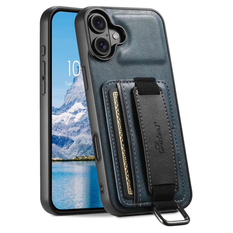 

For iPhone 16 Suteni H13 Card Wallet Wrist Strap Holder PU Phone Case(Blue)