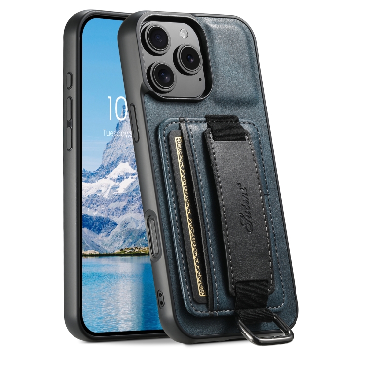 

For iPhone 16 Pro Suteni H13 Card Wallet Wrist Strap Holder PU Phone Case(Blue)