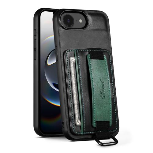 

For iPhone 16e Suteni H13 Card Wallet Wrist Strap Holder PU Phone Case(Black)