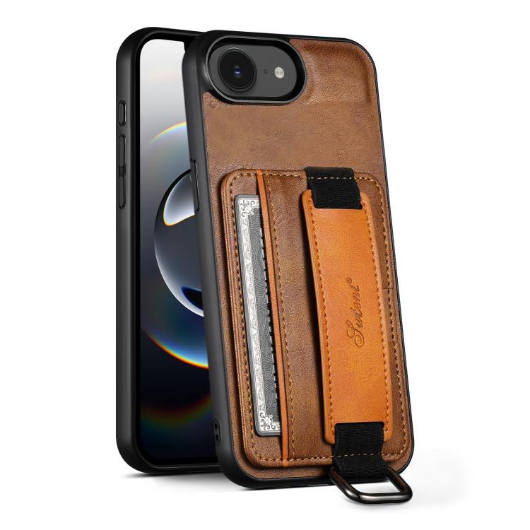 

For iPhone 16e Suteni H13 Card Wallet Wrist Strap Holder PU Phone Case(Brown)