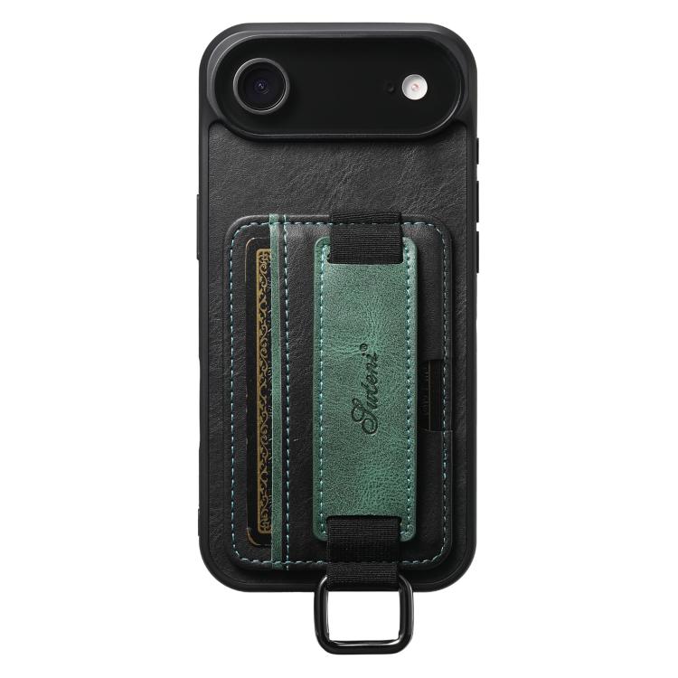 For iPhone  Air Suteni H13 Card Wallet Wrist Strap Holder PU Phone Case(Black)