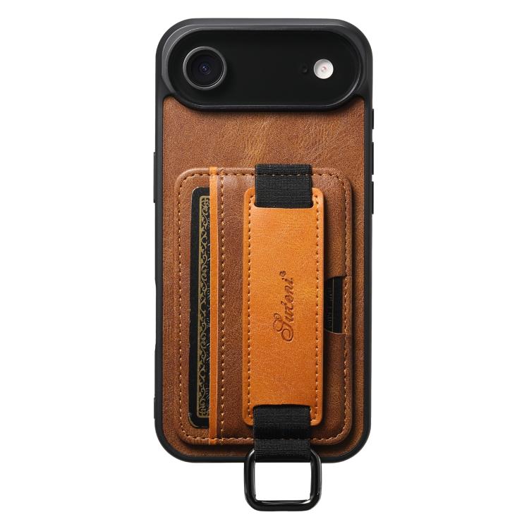 

For iPhone 17 Air Suteni H13 Card Wallet Wrist Strap Holder PU Phone Case(Brown)