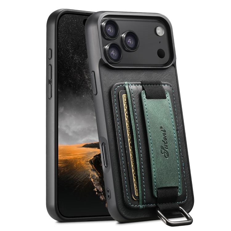 For iPhone 18 Pro Suteni H13 Card Wallet Wrist Strap Holder PU Phone Case(Black)