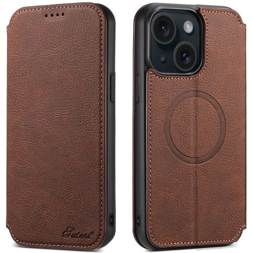 

For iPhone 15 Suteni J06 Retro Matte Litchi Texture Leather MagSafe Phone Case(Brown)