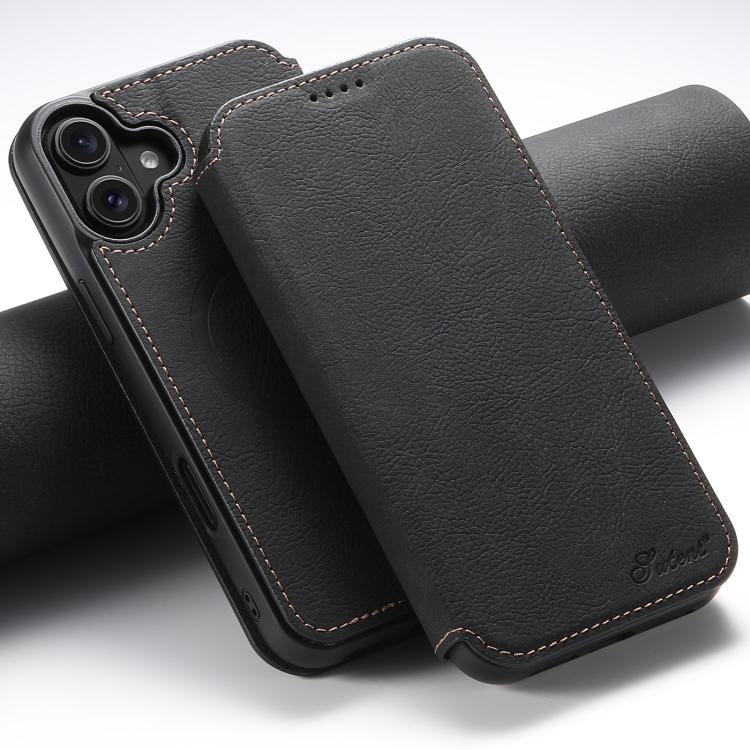 

For iPhone 16 Suteni J06 Retro Matte Litchi Texture Leather MagSafe Phone Case(Black)