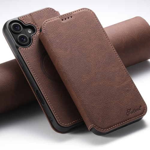 

For iPhone 16 Suteni J06 Retro Matte Litchi Texture Leather MagSafe Phone Case(Brown)